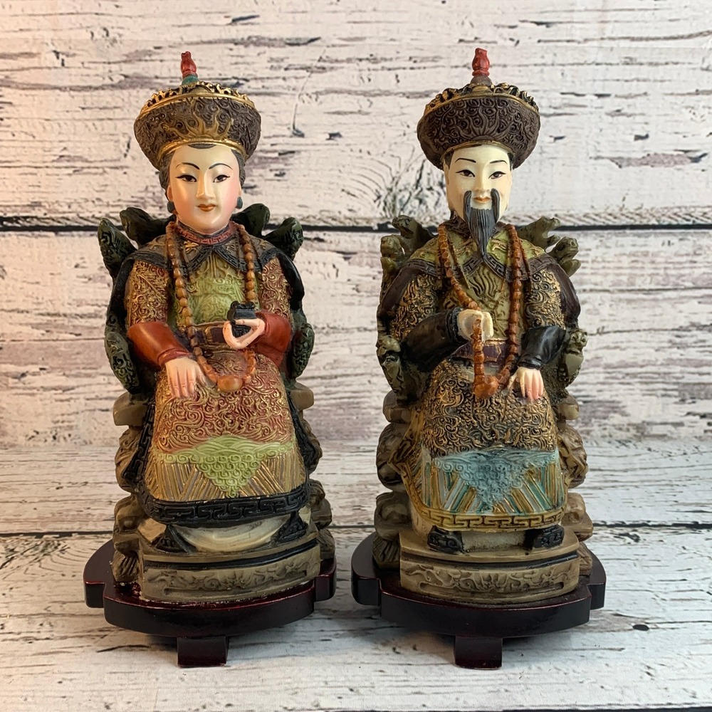 Asian Emperor Empress Figurines Seated‎ Statues Home Decor 11.5" Vintage Resin